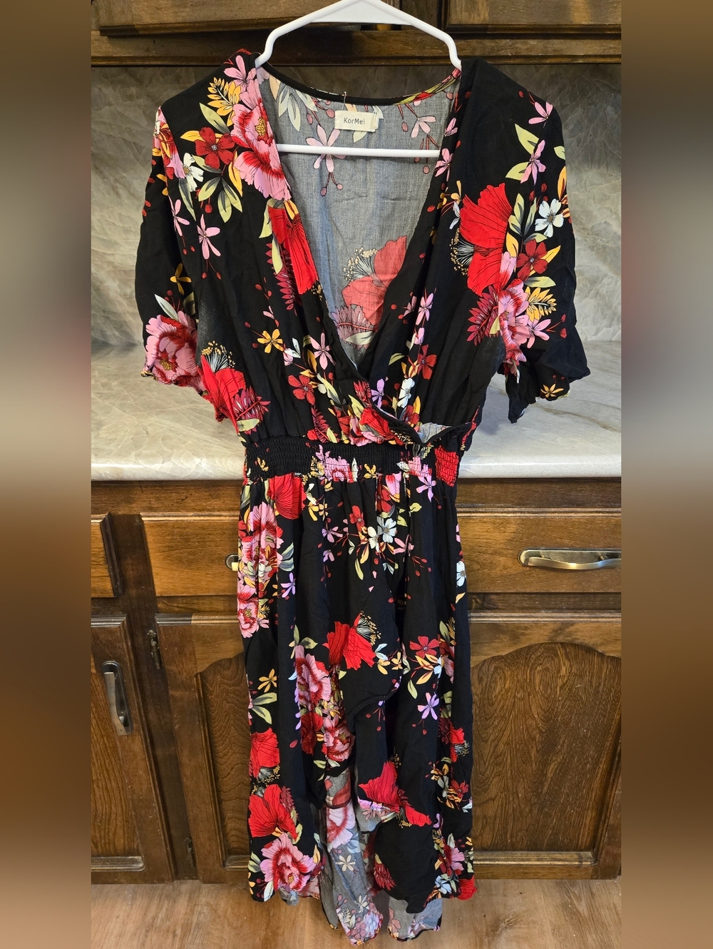 Black Floral Wrap Midi Dress with Red & Pink Blooms
